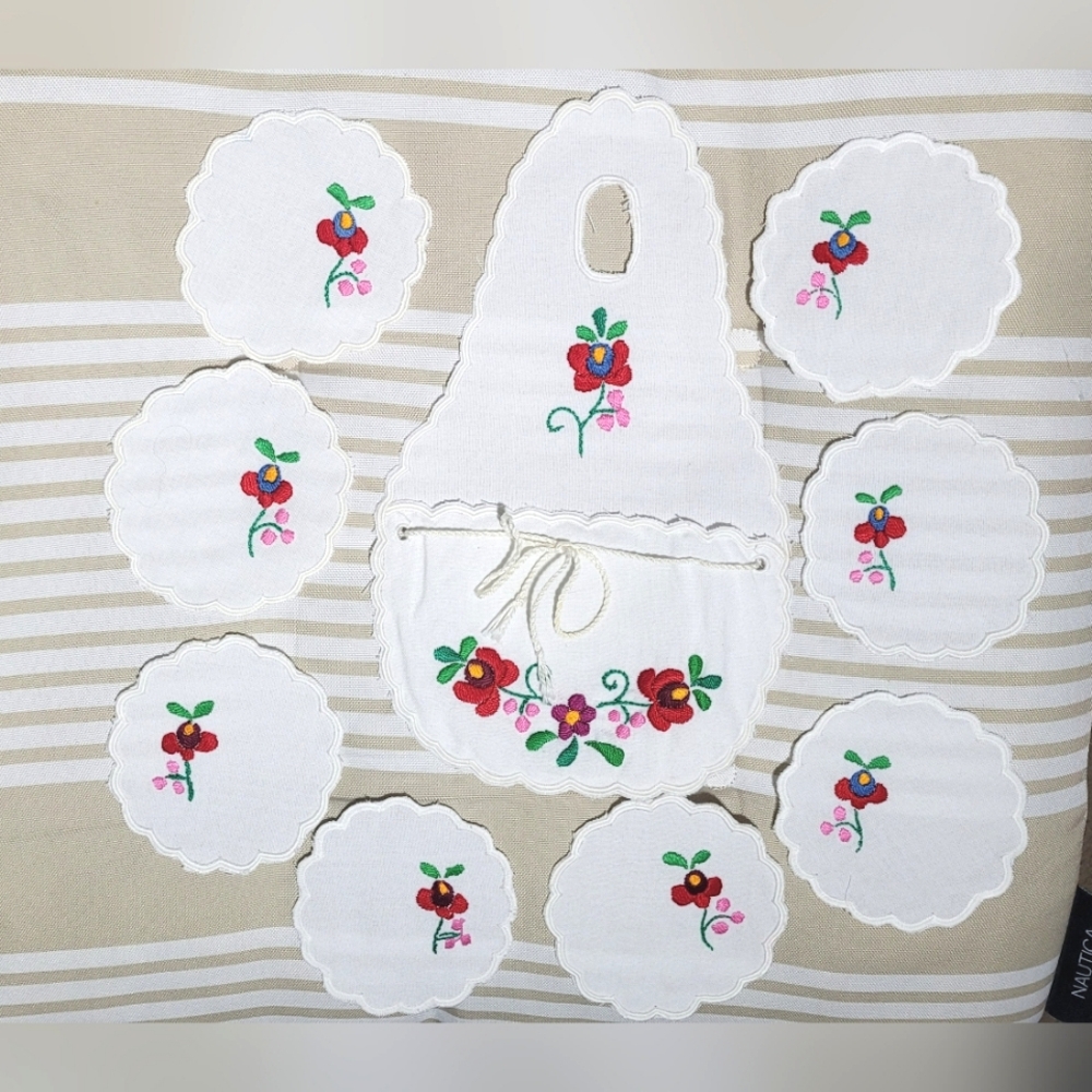 Vintage Hungarian Kalocsa RARE hand embroidered coaster set 9 Pcs.